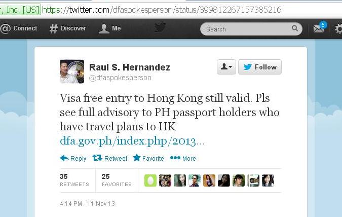 Latest tweet about HK visa-free access by Raul S. Hernandez, DFA Spokesperson