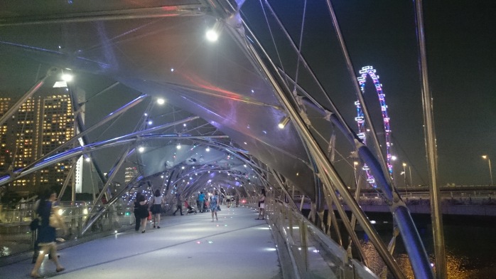 Passing thourgh Helix Bridge, you will also have a great view of the Singapore Flyer Opera House and Marina Bay Sands